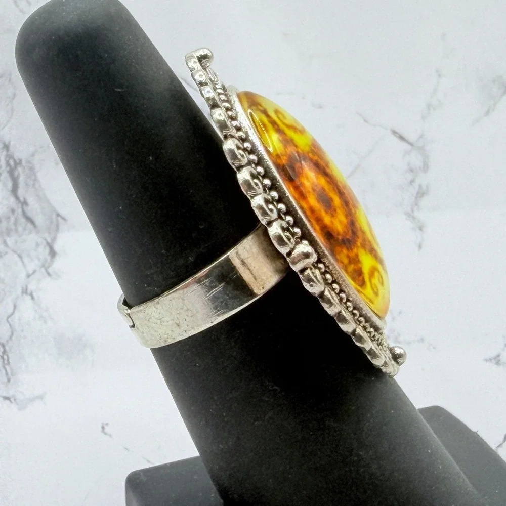 Yellow Sunburst Statement Ring Silver Tone Adjustable Boho Oval Ring 1.5